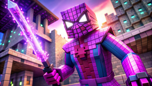Spider-Man in purple armor in Minecraft style, with a magic katana in his hands