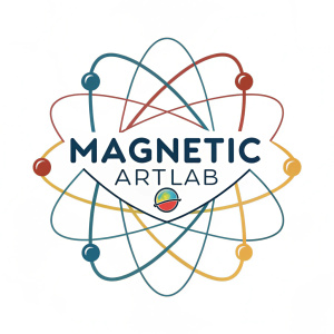 The logo for Magnetic Art Lab features a vibrant, atom-like structure with swirling, charged particles orbiting a central nucleus. The words 'Magnetic ARTLAB' are integrated within the design.