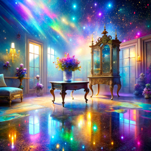 close dreamland soft color PRISM Effect  old furnitures room full of water clouds flowers   ultra intense crystal effect ultra glitter Photoshop Photo Manipulations  Holographic liquid Patent Spandex Vinyl   Dreamscape     very much glitter sparkly fantasized glam Sprinkle Shimmering Bioluminescent fairytale masterpiece  Magical   Shimmering   Ultra iridescence UV Glow Rainbow