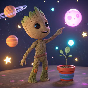 3D rendering of Baby Groot, the adorable, tree-like character from Guardians of the Galaxy. Brightly lit, colorful space setting.