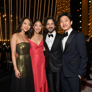 Group shot of Celine Song, Greta Lee, John Magaro, and Teo Yoo at a gala. They are dressed in elegant attire. Golden stage backdrop with lights