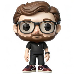Funko pop with skin fade brown hair and stubble. Wearing Black framed glasses Aston Villa Football T-Shirt and Black Jeans and white Nike air force ones