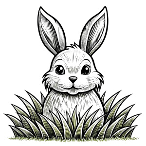 clean vector illustration for kids coloring, The Easter bunny's face peeks out of the grass, one closed lines,  professionally detailed, black and white, white background