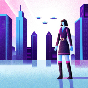 Rina Sawayama's album cover featuring a woman of Asian heritage, dressed in futuristic attire, standing in a neon-lit cityscape.