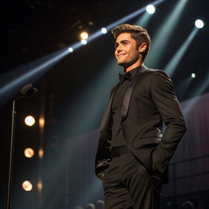 Zac Efron, wearing a sleek black suit, poses confidently at a glamorous awards show. The stage is dimly lit with spotlights.