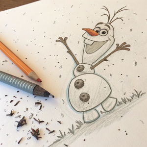 Hand-drawn sketch of Olaf from Frozen. Messy lines, scattered graphite shavings. Pencil discarded beside the paper