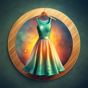 creates women's dress hanging on a wooden hook inside a golden circle