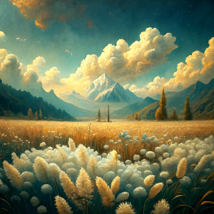 Vintage Old, Soft Colors, Oil Painting, Field Wheat, Landscape Small White Wild Flowers, Mountains, Sky and Clouds