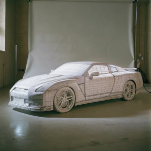 Futuristic Nissan GTR R35 in sleek, blue wireframe design. Posing on plain white background.