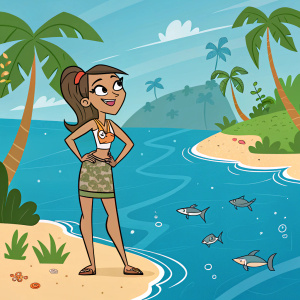 Stephanie from Total Drama, colorful cartoon design, surrounded by animated backdrop of a tropical island.