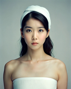 <lora:DetailedEyes_xl_V2:1>, <lora:neg4all_bdsqlsz_xl_V7:1>, 1girl, IU Lee Ji-eun, wearing a white skirt, 23-year-old Korean actress, towel wrapped hair, blank art show, collarbone, looking at the audience, exquisite earrings, Necklace, choppy waves, beautiful perfect body, (simple white background: 1.2), (panorama: 1.3), in a white room, beautiful mature, wide angle shot, grin, deep groove, deep shadows, John Rankin Waddell,