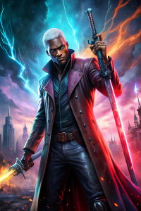p diddy as mahershala ali from blade trinity, a dhampir who hunts vampires, blade runner leather trenchcoat, holding red glowing katana,(vampire demon eldritch prophet replicant hunter in the style of devil may cry,equilibrium,constantine), marvel comics superhero,with a fiery resurrection sunday dystopic post-apocalyptic background, bloom, gloom, sophisticated color grading, sharp focus, soft bokeh, soft shadows, cgi digital painting, hbo, netflix, 35mm cinematic still, cinestill 50d, 800t, nat