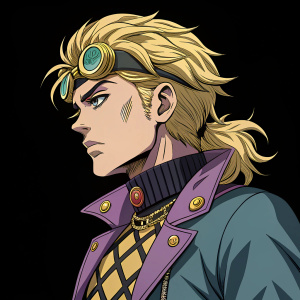 Digital art of a character from JoJo's Bizarre Adventure. Blonde hair, eccentric outfit, and accessories. Illustration focuses on showcasing unique features. Predominantly black background.