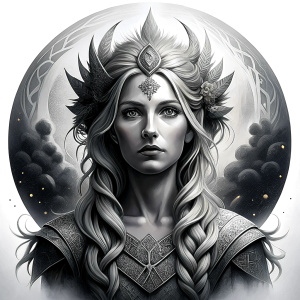 Freya - Nordic Goddess perfect realistic art, high-definition grey and black, white background tattoo design