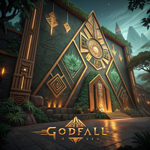 Illustration for the game Godfall. Futuristic design with ancient civilization influence. Dark background highlights golden and green details. Wall decor geometric and intricate. Brand logos visible.