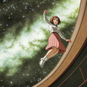 Ochako Uraraka, the female protagonist with short brown hair, wearing a white shirt and a pink skirt, floats gracefully in a vibrant, swirling purple galaxy filled with twinkling stars.