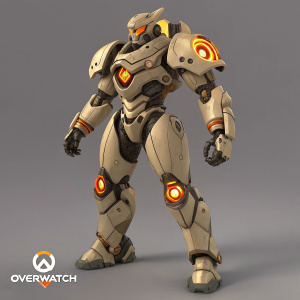 High-poly 3D render of Orisa. Futuristic design with glowing orange highlights. Beige color palette. Overwatch logo subtly integrated.