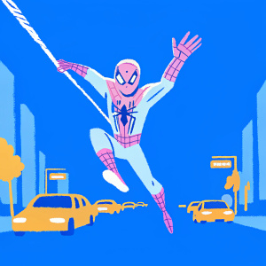 Spider-Man swinging through a bustling New York City street. The dynamic pose and intricate suit details prominently featured.