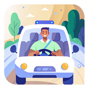 corporate memphis style, a white man inside the car, he is driving the car, flat 2d simple illustration