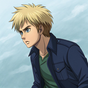 Eren Yeager, main character from Attack on Titan, intense gaze, blonde hair. Wearing a dark blue jacket with a green undershirt and pants. Background is a calm, light blue color. The illustration style is typical anime with sharp lines and muted colors.