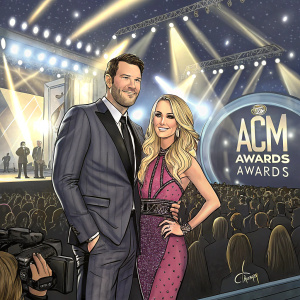 Tony Romo and Carrie Underwood at the ACM Awards, standing in front of a stage filled with lights and camera flashes.