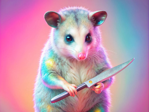 holographic possum with knife, on pale pink background