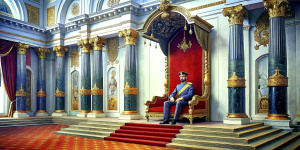 Nicholas II sitting on the throne in St George's Hall of the Winter Palace.