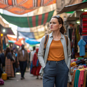 Daisy Ridley in a casual outfit standing in a bustling market. A vibrant array of colors and people in the background