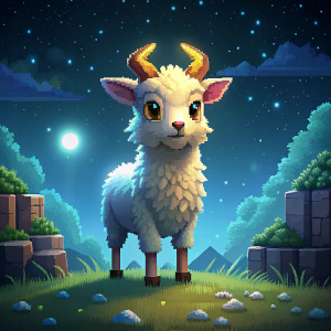 cute goat, pixel art, nature, landscape night, centered