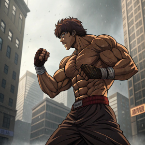 Muscular character from anime 'Baki the Grappler', brown skin, intense fighting pose. Digital artwork, urban background.