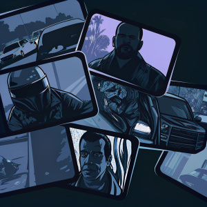 A digital collage featuring various YouTube video thumbnails. Each thumbnail showcases different Grand Theft Auto game modes and content.
