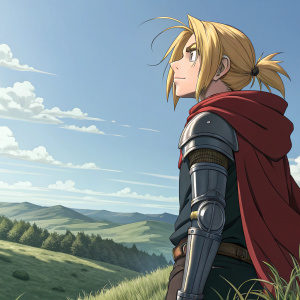 Edward Elric from Fullmetal Alchemist. Anime style illustration. Blonde hair, golden eyes, armored right arm and automail left leg, determined face, standing on a grassy hillside under a clear blue sky.