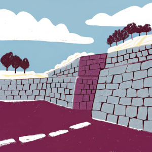 Ruins of Puka Pukara in Cusco, Peru. Majestic stone walls, ancient and weathered. Outdoor setting, under a clear blue sky with scattered trees in the background.