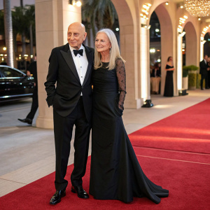 Alan Arkin and Suzanne Newlander Arkin at a chic Hollywood gala. Alan, bald and dapper in a tuxedo. Suzanne, elegant in a floor-length gown, with long flowing hair.