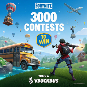 Promotional image showcasing a Fortnite contest. Participants stand to win 3,000 vBucks. Vibrant background with Fortnite characters and logos.