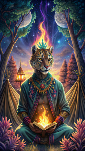 Jaguar head ancestral shaman, antropomorph, animal, surrealistic, holding a book, by the fire, big teepee in the background