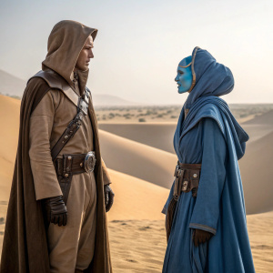 Concept art of two Twi'lek characters from Star Wars. One is male, one is female. They're having a discussion. Wearing traditional Star Wars costumes, against the backdrop of the Tatooine desert.