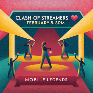 Promotional poster for the Clash of Streamers event featuring a dynamic group of streamers. Futuristic digital art background with February 8, 8PM details and Mobile Legends logo.