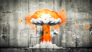 Minimalist concrete wall with atomic mushroom cloud graffiti, wallpaper