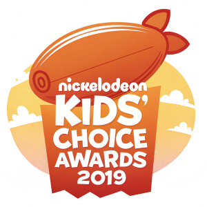 Creative logo for Nickelodeon Kids' Choice Awards 2019. A large, cheerful blimp-shaped graphic in vibrant orange with a warm gradient background. Clear and prominent text 'Nickelodeon Kids' Choice Awards 2019' in playful font style
