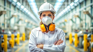 Portrait of a women worker in a factory wearing protective wear