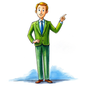 40 years old male teacher in suit, as a drawing for a cartoon, on a white background, whole body he points with his hands