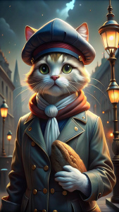 a cat in a beret and a sailor suit with a baguette under his arm strolls through Paris like a true Frenchman
