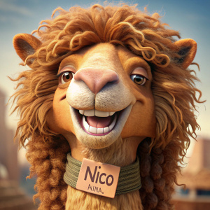 Un chameau qui rigole avec des cheveux frisé avec une pancarte avec écrit "Nico"