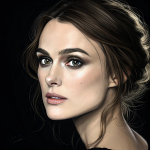 Artistic portrait of Keira Knightley. Black background, stylized face, highlighted features, digital painting