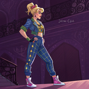 Digital artwork featuring Jolyne Cujoh in a vibrant pose. Blonde hair in a high ponytail. Background is dark purple with intricate details. Dynamic character design. Artist's signature visible