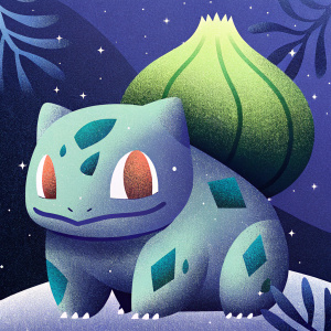 A detailed digital 3D voxel rendering of Bulbasaur from Pokemon. Pixelated texture with green color scheme.