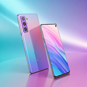 3D render of Samsung Galaxy S21 smartphone with a gradient background.
