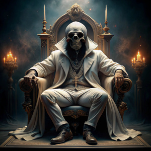 una calavera sentada en una gran silla hermosa con una mano hacia arriba,la calavera lleva una gabardina blanca puesta con capucha