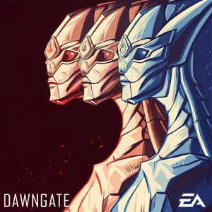 Digital concept art for EA's Dawngate. Futuristic alien sculptures, geometric and organic shapes. Gray and green shades with teal accents. Dark, textured background. EA logo at bottom